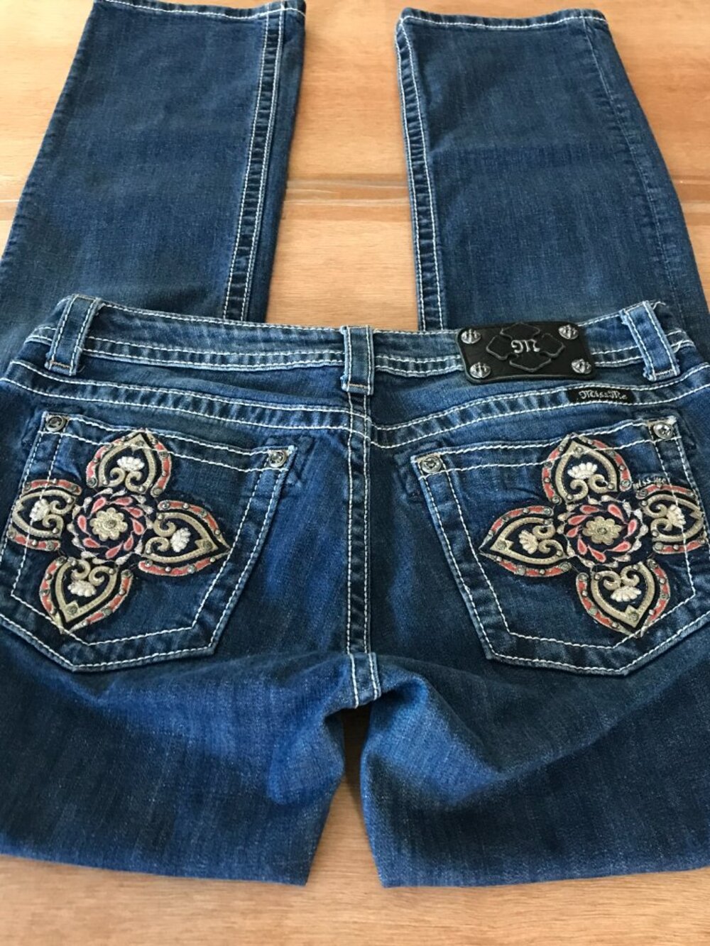 Miss Me Straight Jeans Women 31 Blue Low Rise Embroidered Studded Rhinestone